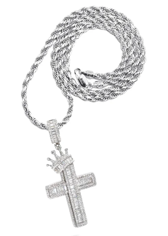 Silver Crown Cross Baguette Necklace | 33 Grams