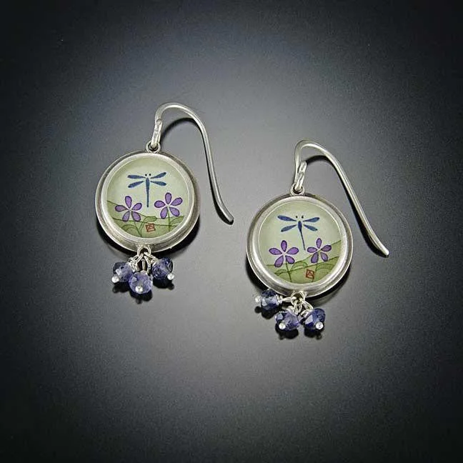 Small Round Dragonfly Earrings with Iolite Clusters