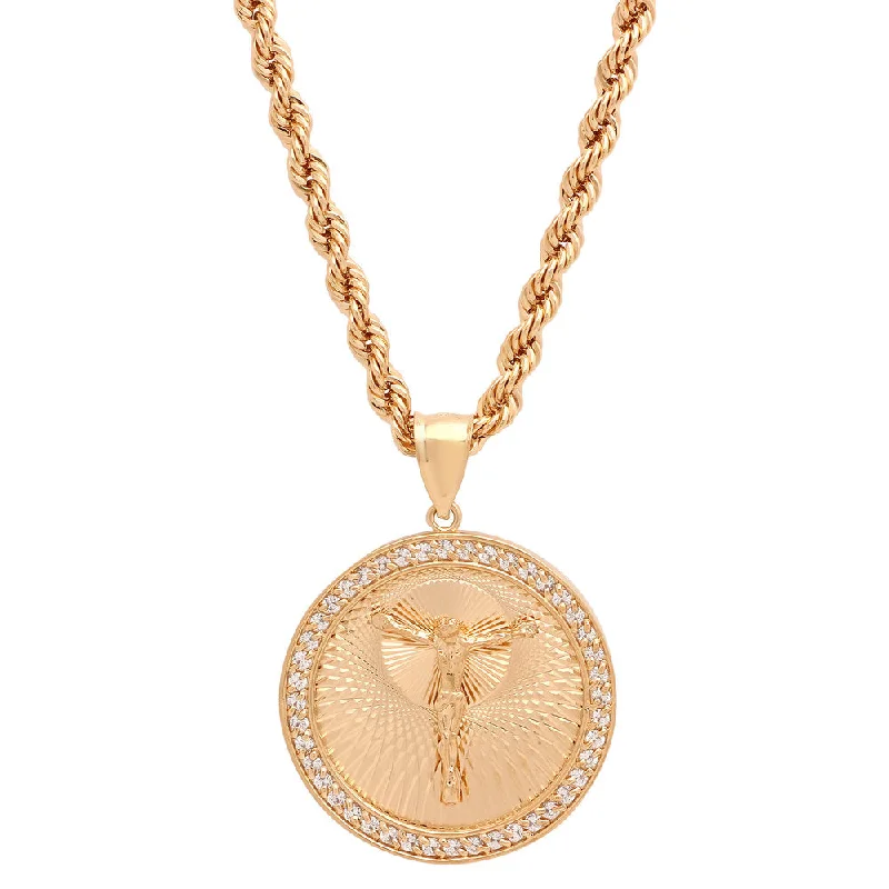 Yellow Gold Plated Round Swiss Cut Crucifix Necklace