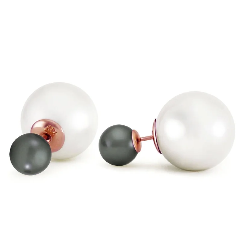 14K Solid Rose Gold Fashion Style Tribal Double Black/white Shell Pearls Stud Earrings