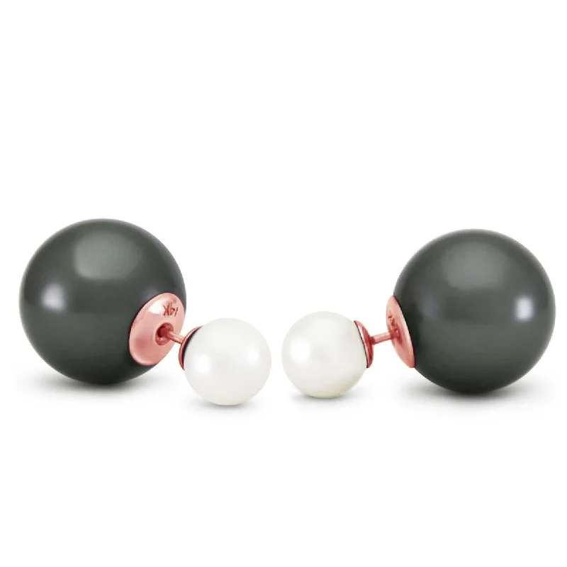 14K Solid Rose Gold Fashion Style Tribal Double White/black Shell Pearls Stud Earrings