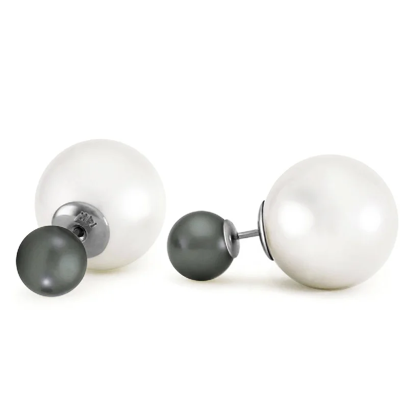 14K Solid White Gold Fashion Style Tribal Double Black/White Shell Pearls Stud Earrings