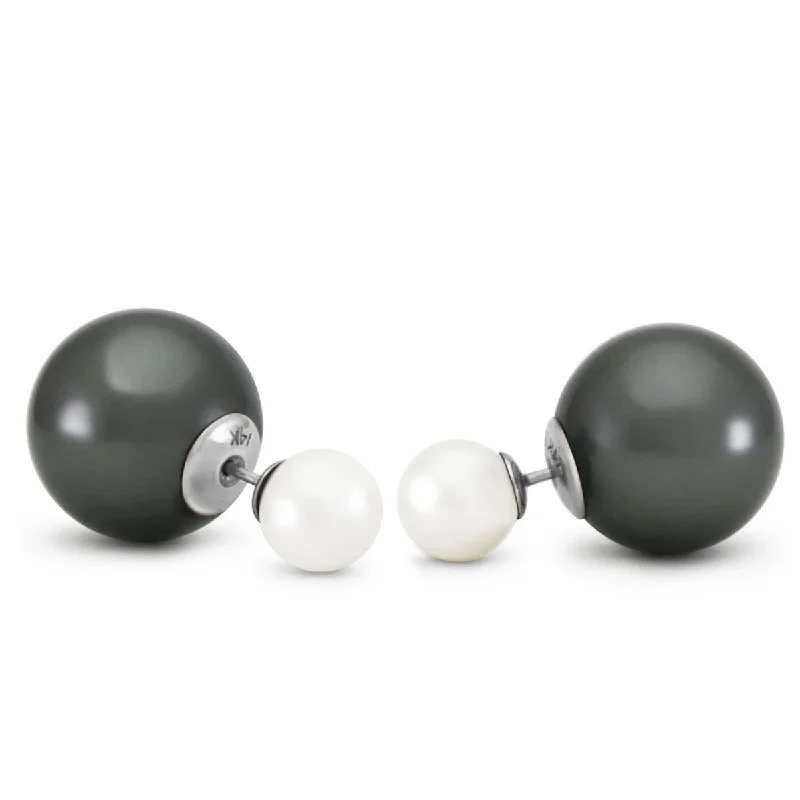 14K Solid White Gold Fashion Style Tribal Double White/black Shell Pearls Stud Earrings