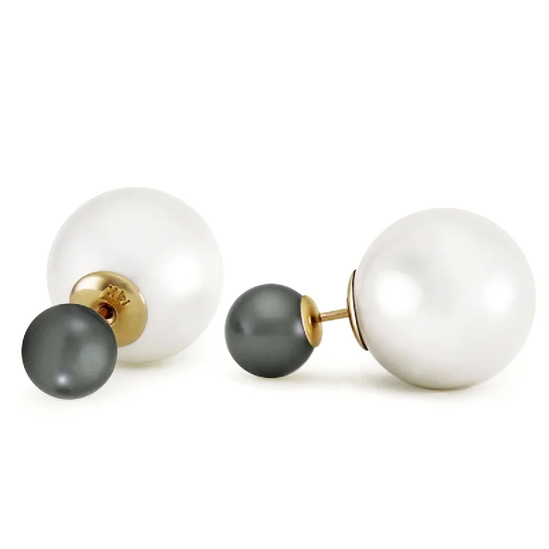 14K Solid Yellow Gold Fashion Style Tribal Double Black/white Shell Pearls Stud Earrings