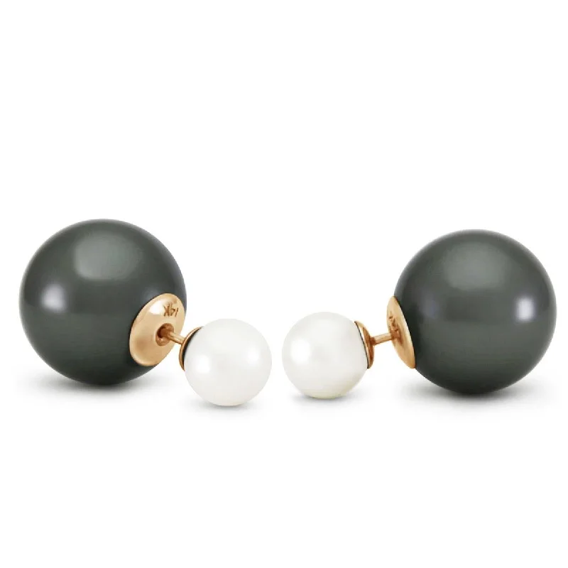 14K Solid Yellow Gold Fashion Style Tribal Double White/black Shell Pearls Stud Earrings