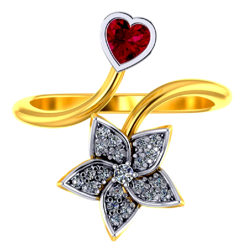 18k Diamond Ring With A Diamond Studded Five-petal Floral Design And A Mini Heart Pendant