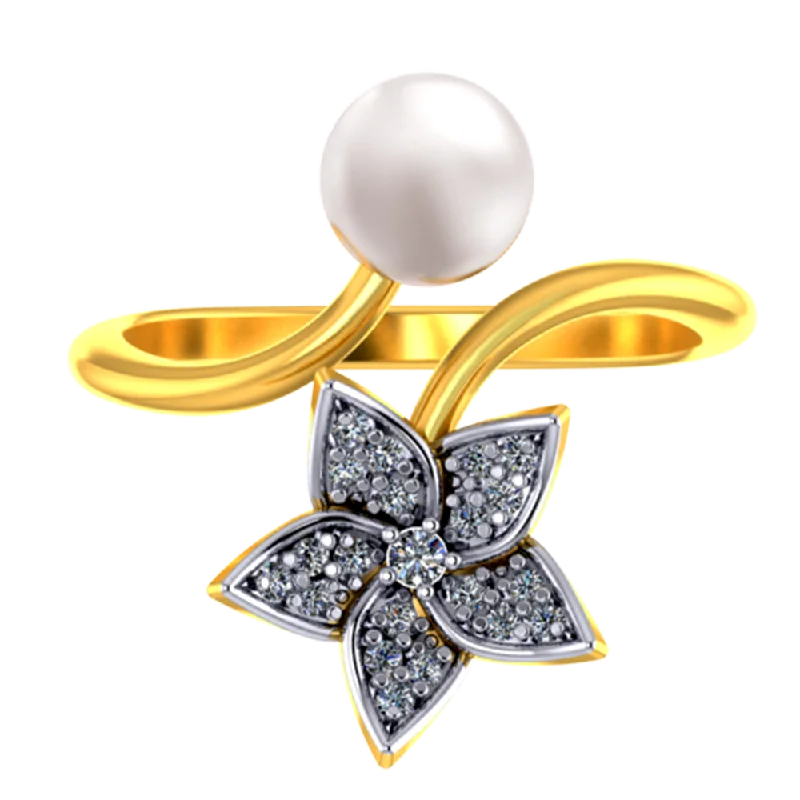 18k Diamond Ring With A Diamond Studded Five-petal Floral Design And A Pearl