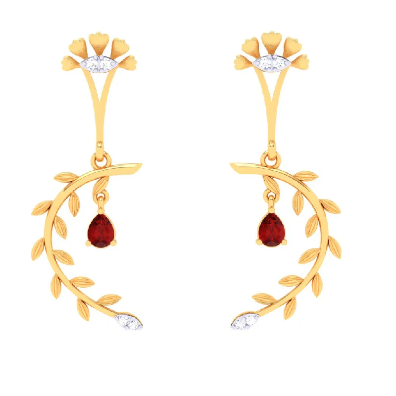 18k Leafy Design Diamond Earring With A Unique Flower Shape\
detail & A Red Stone From Diamond Collection