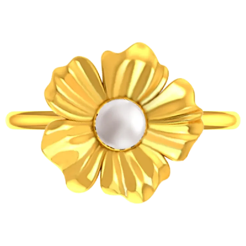 22k Gold Ring With A Five-petal Floral Design And A Pearl Centre