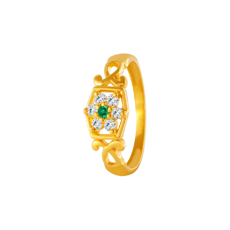 22KT Yellow Gold, American Diamond And Emerald Ring For Women