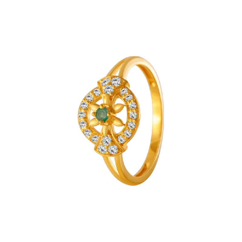 22KT Yellow Gold, American Diamond And Emerald Ring For Women