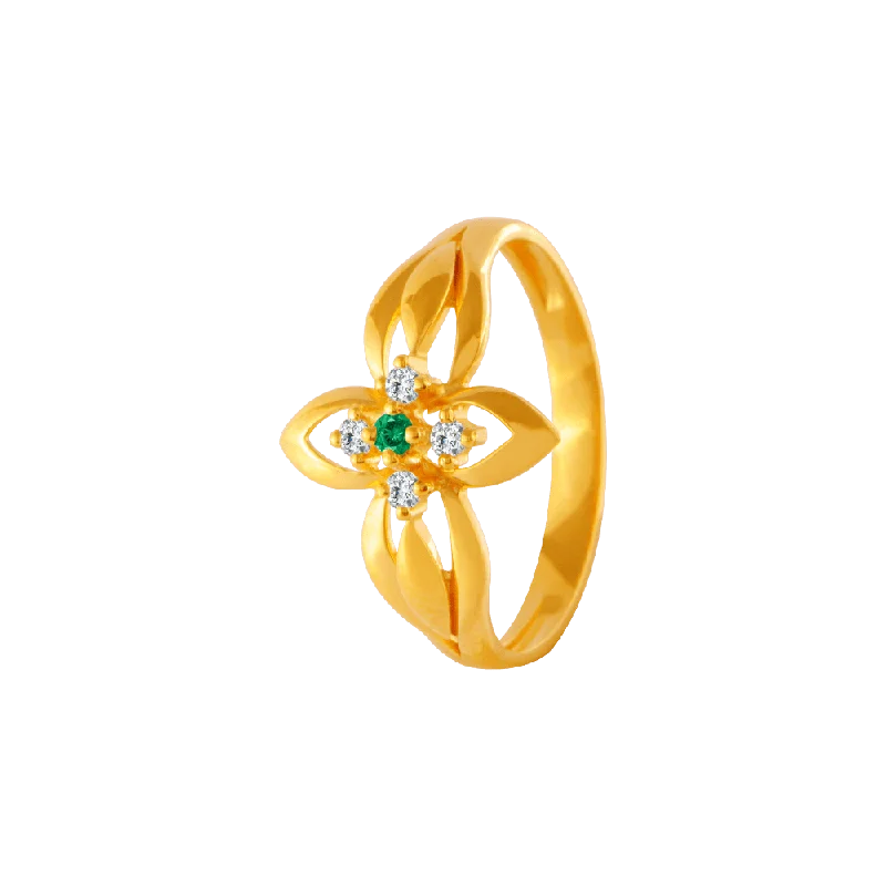 22KT Yellow Gold, American Diamond And Emerald Ring For Women