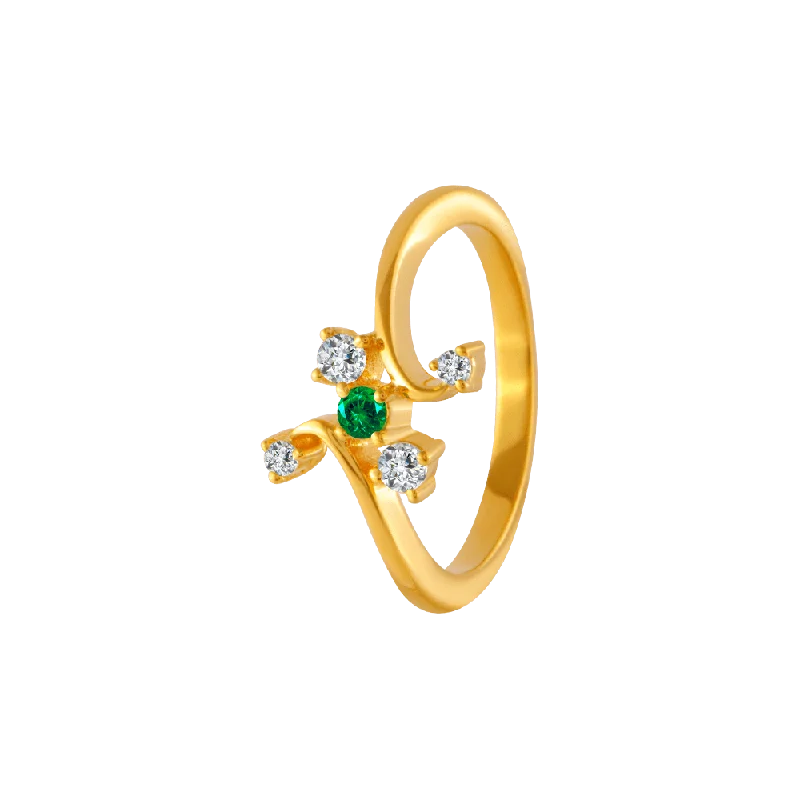 22KT Yellow Gold, American Diamond And Emerald Ring For Women