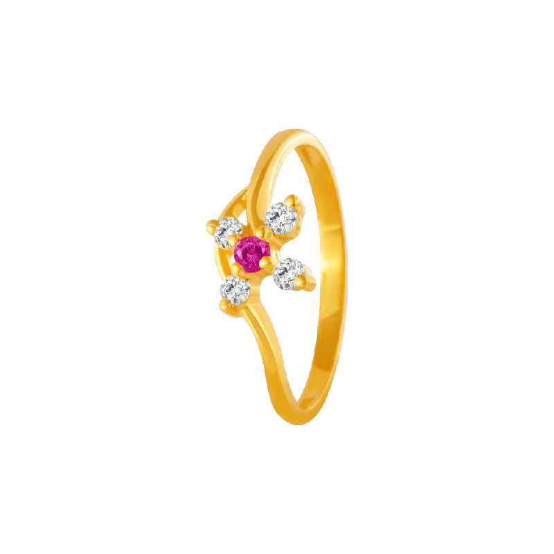 22KT Yellow Gold, American Diamond And Ruby Ring For Women