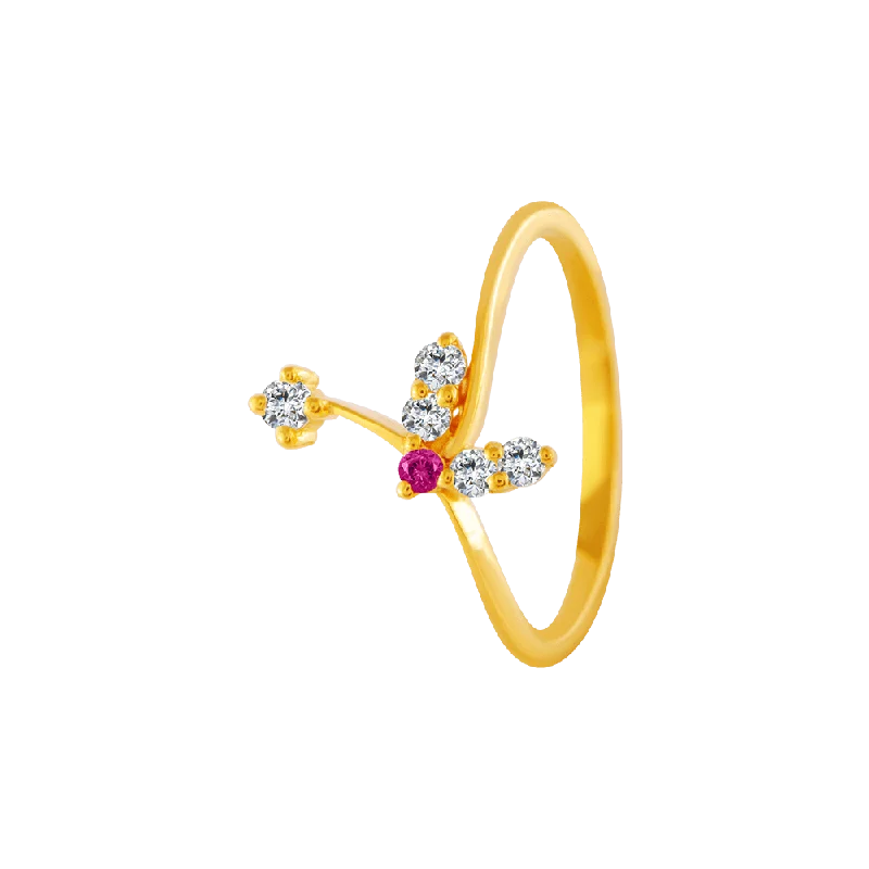 22KT Yellow Gold, American Diamond And Ruby Ring For Women