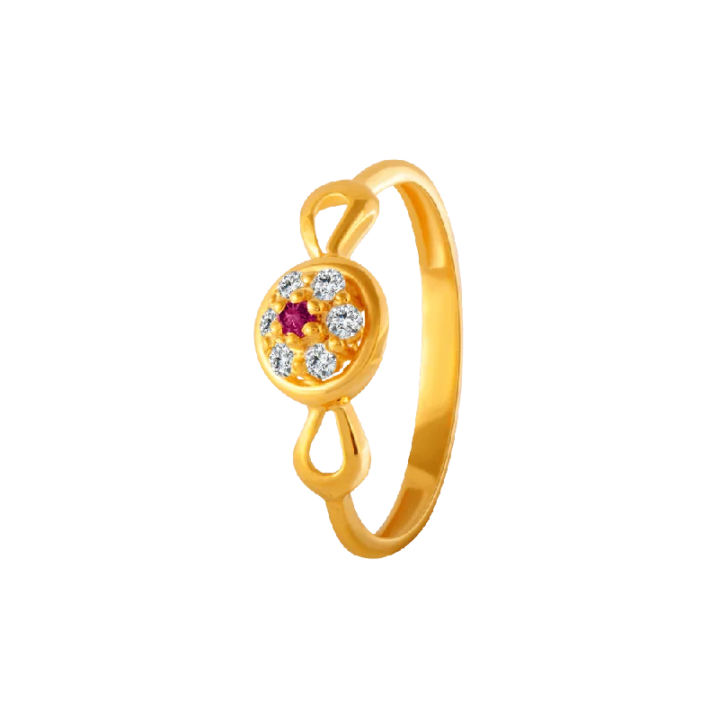 22KT Yellow Gold, American Diamond And Ruby Ring For Women