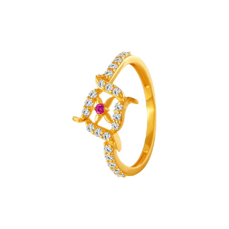 22KT Yellow Gold, American Diamond And Ruby Ring For Women