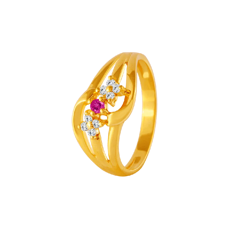 22KT Yellow Gold, American Diamond And Ruby Ring For Women