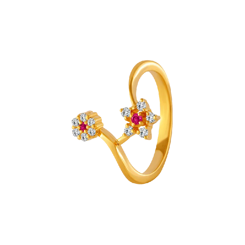 22KT Yellow Gold, American Diamond And Ruby Ring For Women