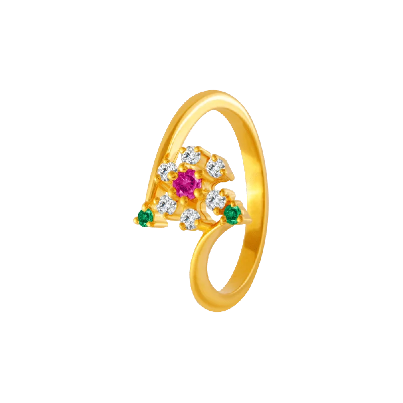 22KT Yellow Gold, American Diamond And Ruby Ring For Women