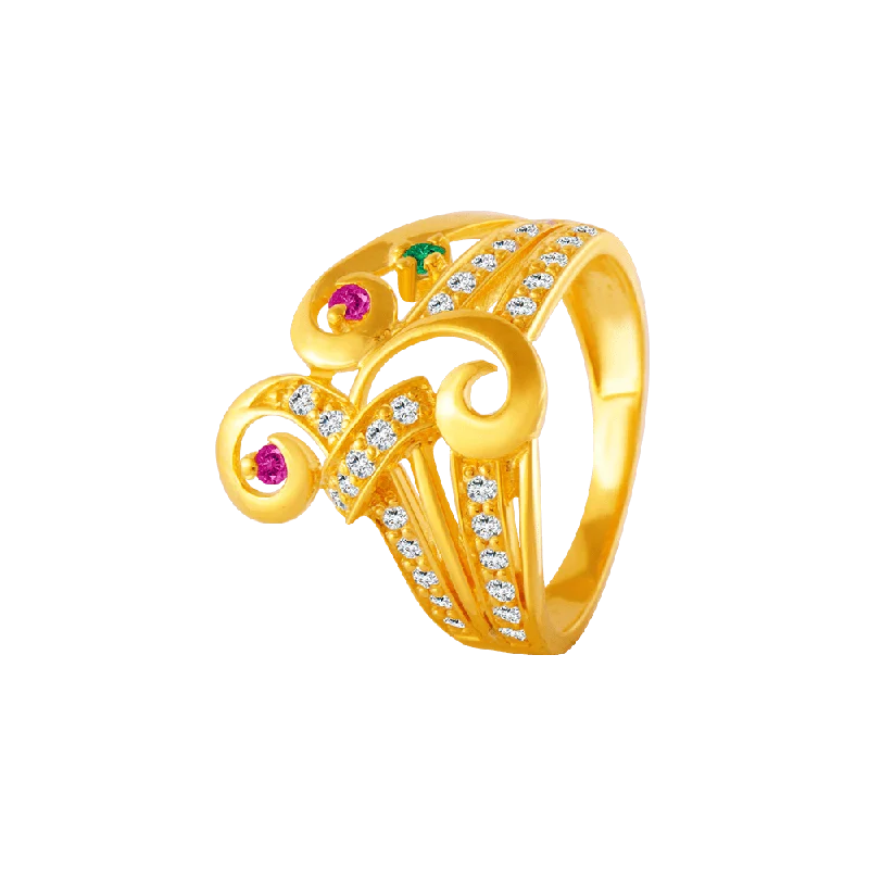 22KT Yellow Gold, American Diamond And Ruby Ring For Women