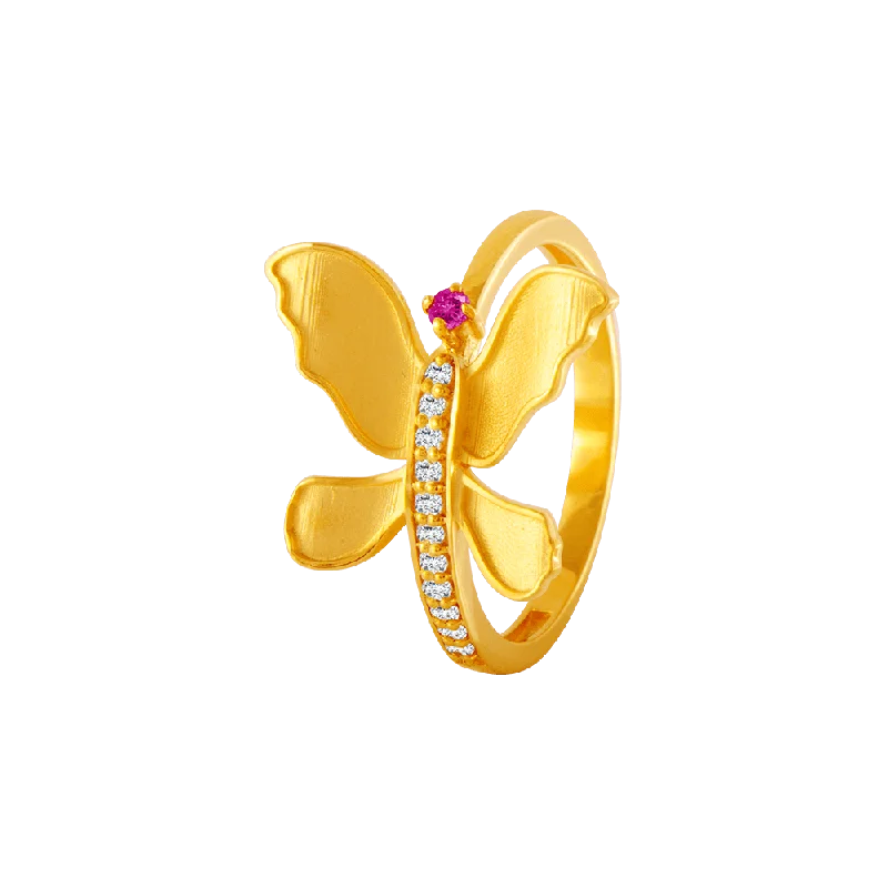 22KT Yellow Gold, American Diamond And Ruby Ring For Women