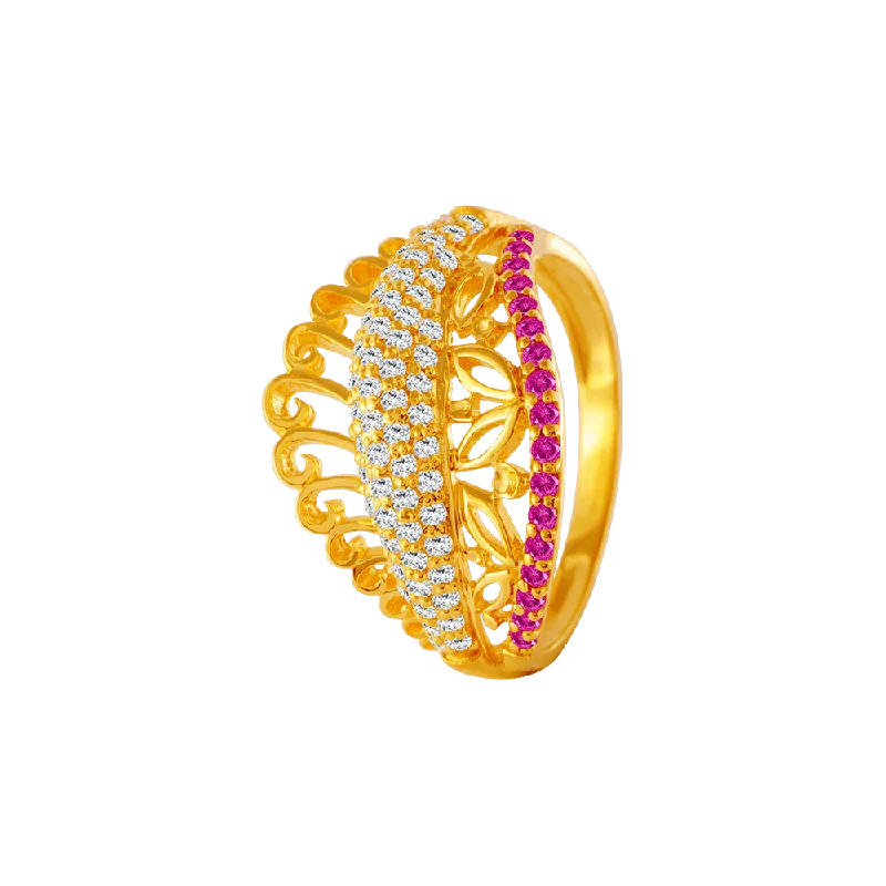 22KT Yellow Gold, American Diamond And Ruby Ring For Women