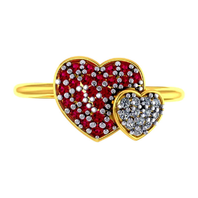 Heart Shaped 22k Gold Ring With American Diamond And Ruby Detailing